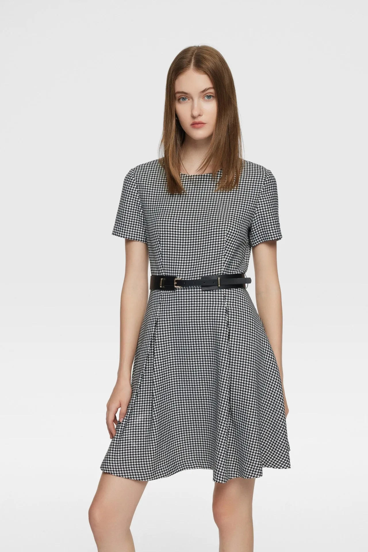 Twiggy Stretchable Houndstooth Jacquard High Waist Dress with Belt