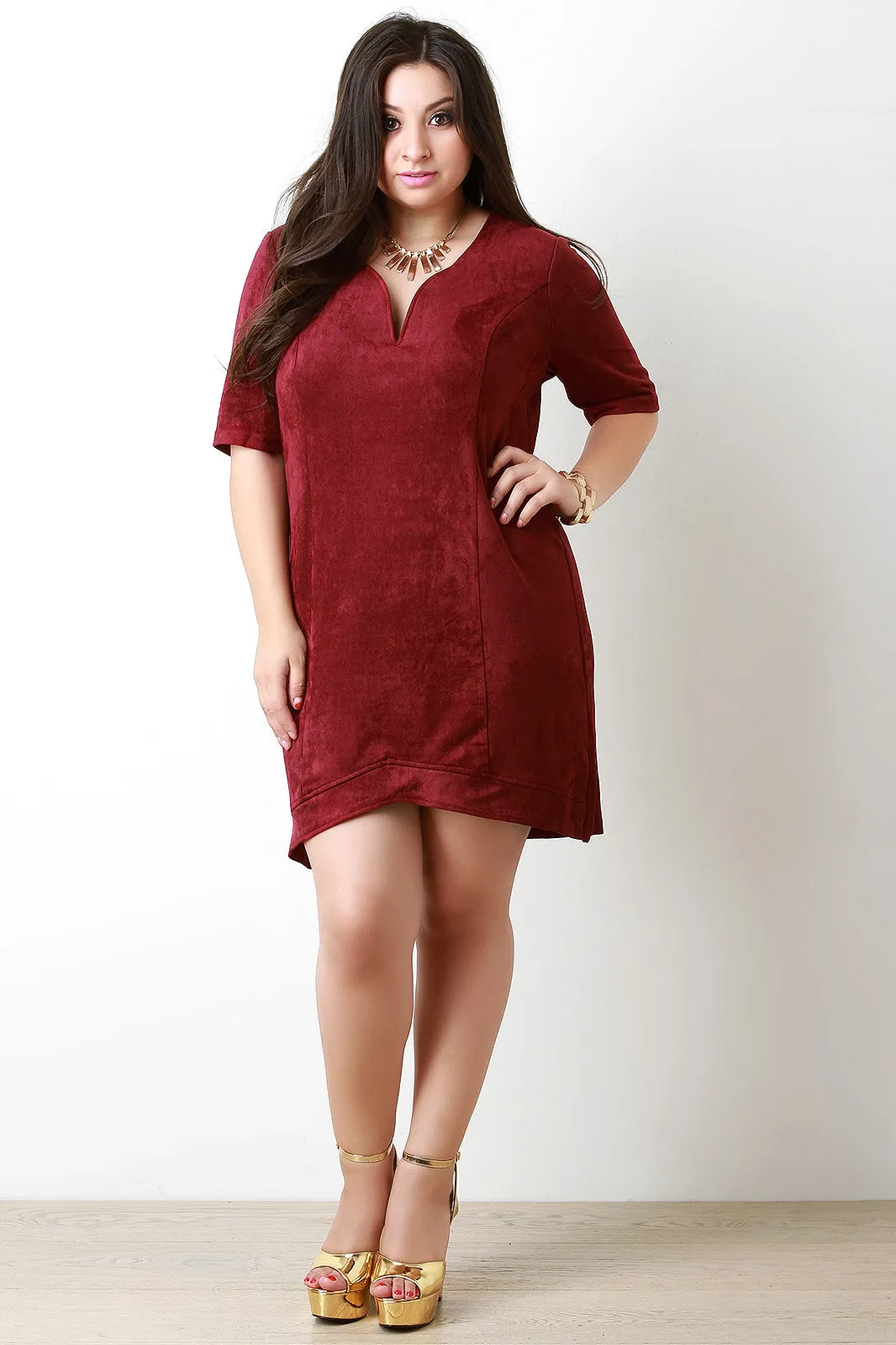 Vegan Suede Structured Neckline Mini Dress