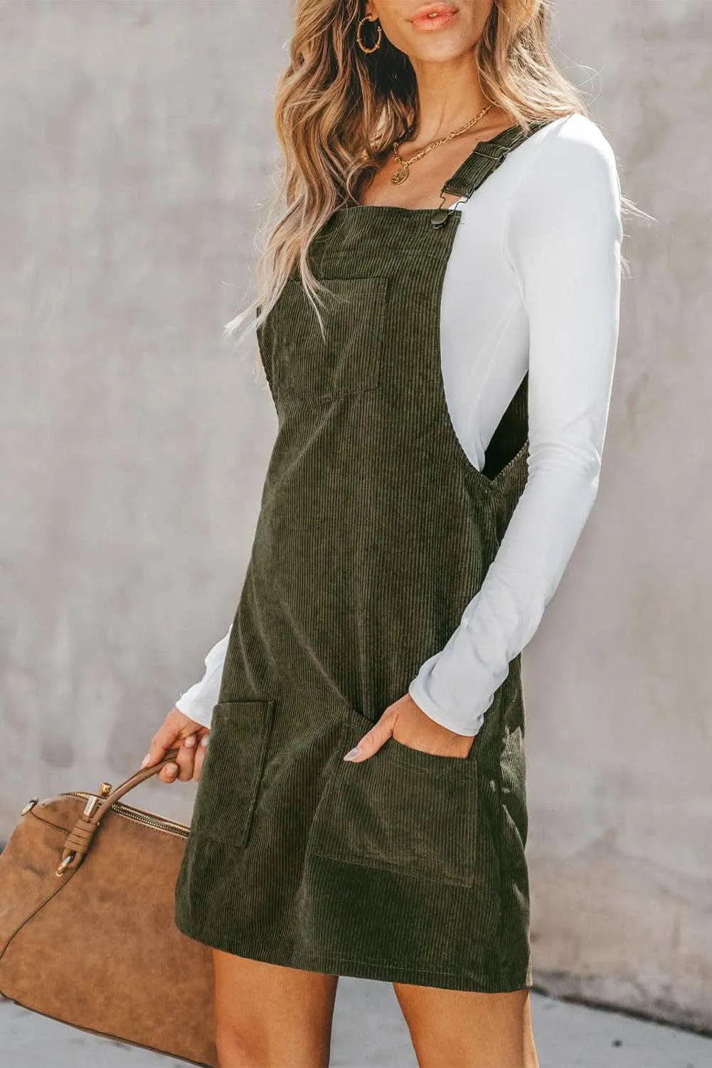 Vineyard Green Corduroy Sleeveless Pocketed Overall Dress