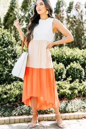 Where To Now Coral Orange Colorblock Midi Dress