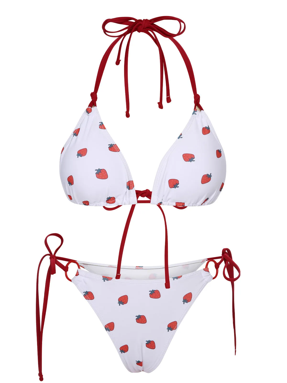 White 1960s Strawberry Lace-Up Halter Bikini Set