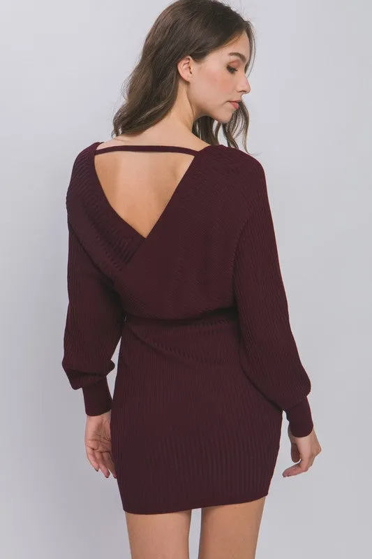 Wine Off Shoulder Wrap Belted Ribbed Knit Dress