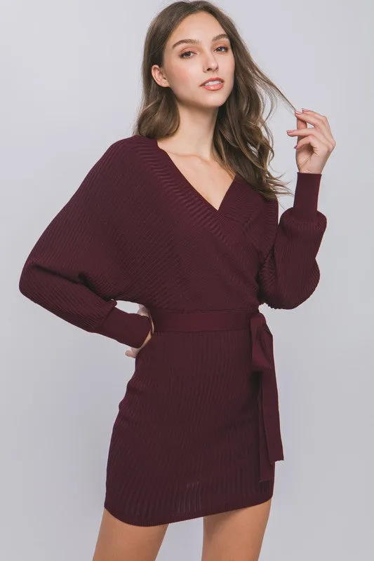 Wine Off Shoulder Wrap Belted Ribbed Knit Dress