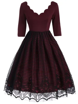 Wine Red 1950s Lace Patchwork Dress