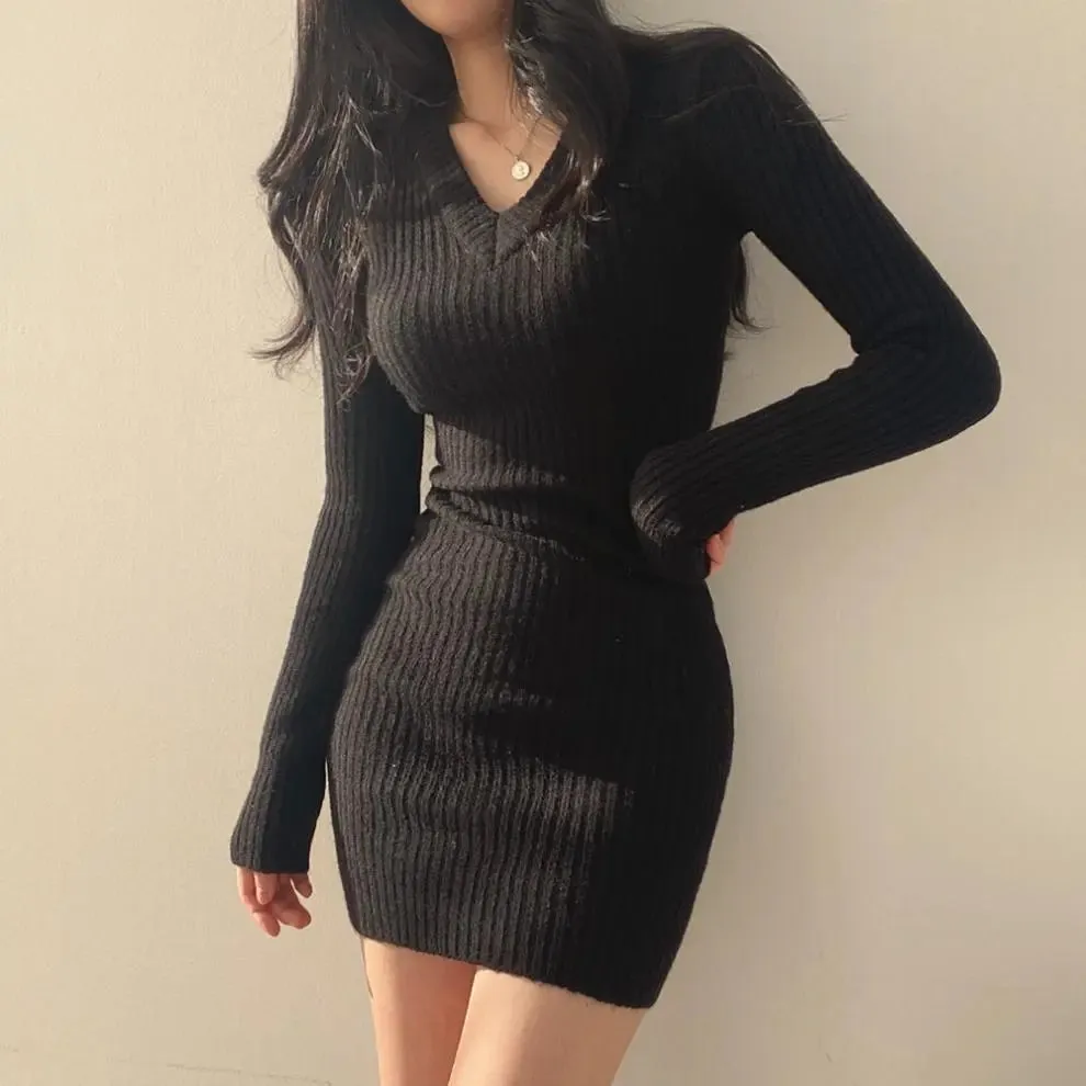 Women Retro Knitted Mini Bodycon Solid Dress