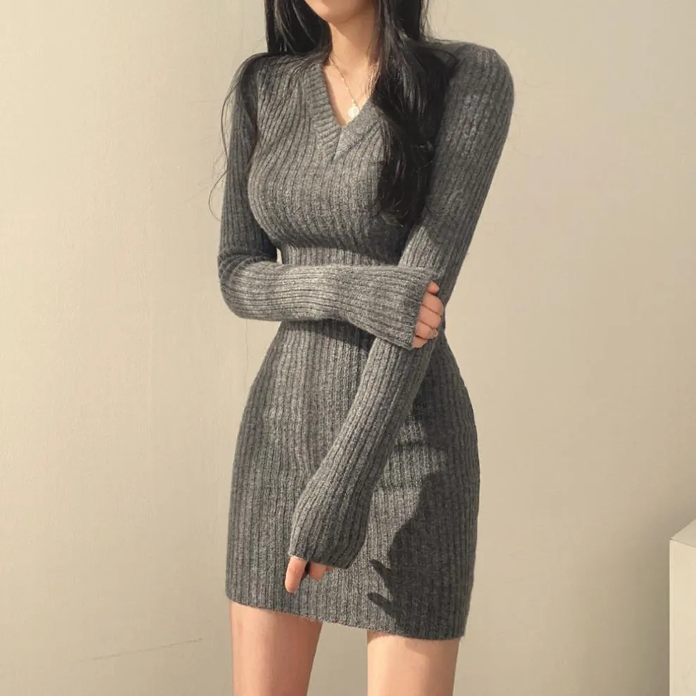 Women Retro Knitted Mini Bodycon Solid Dress