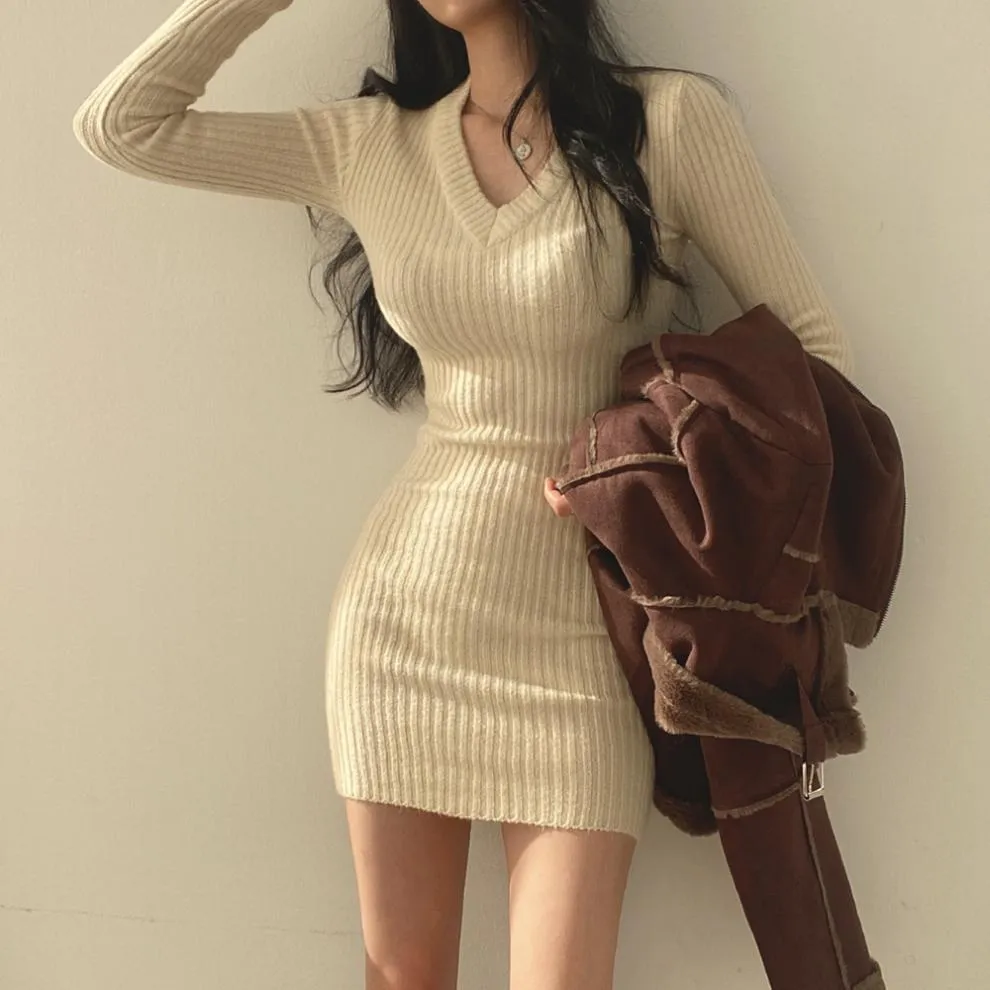 Women Retro Knitted Mini Bodycon Solid Dress