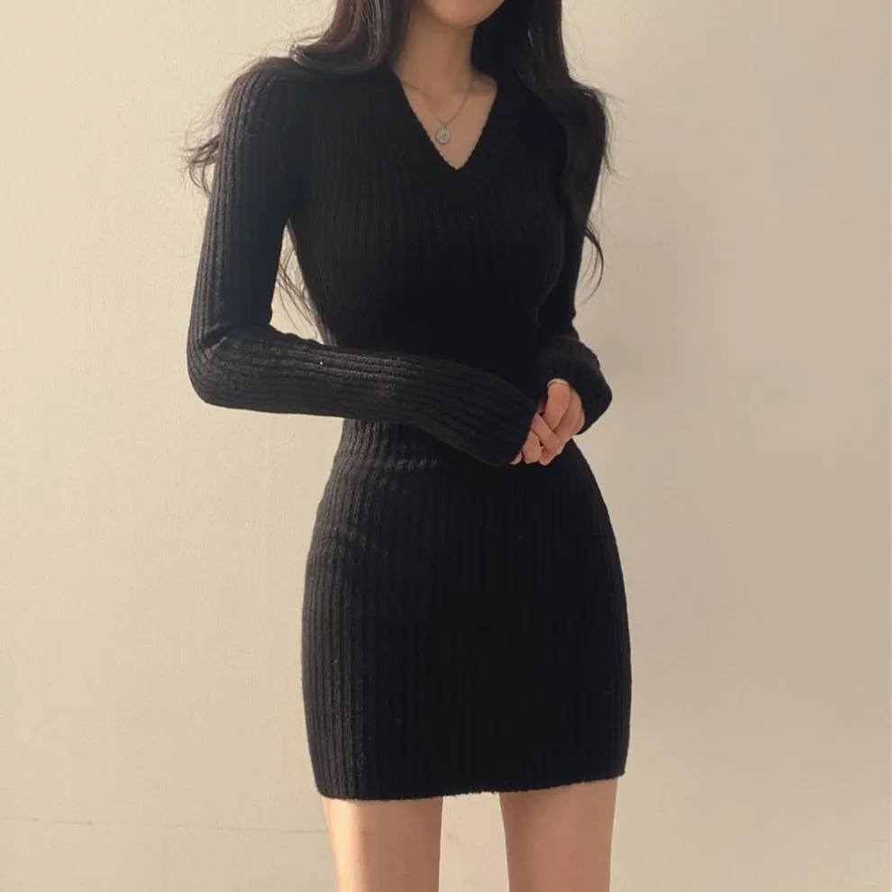 Women Retro Knitted Mini Bodycon Solid Dress