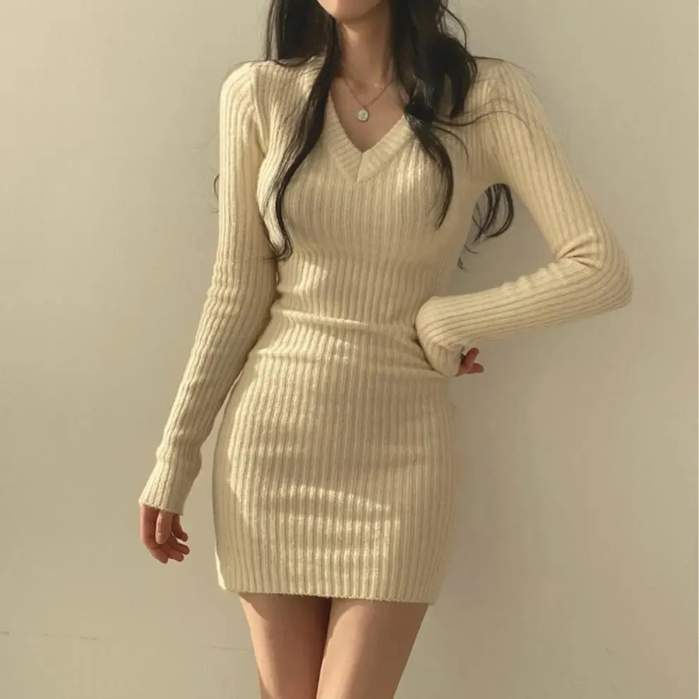 Women Retro Knitted Mini Bodycon Solid Dress