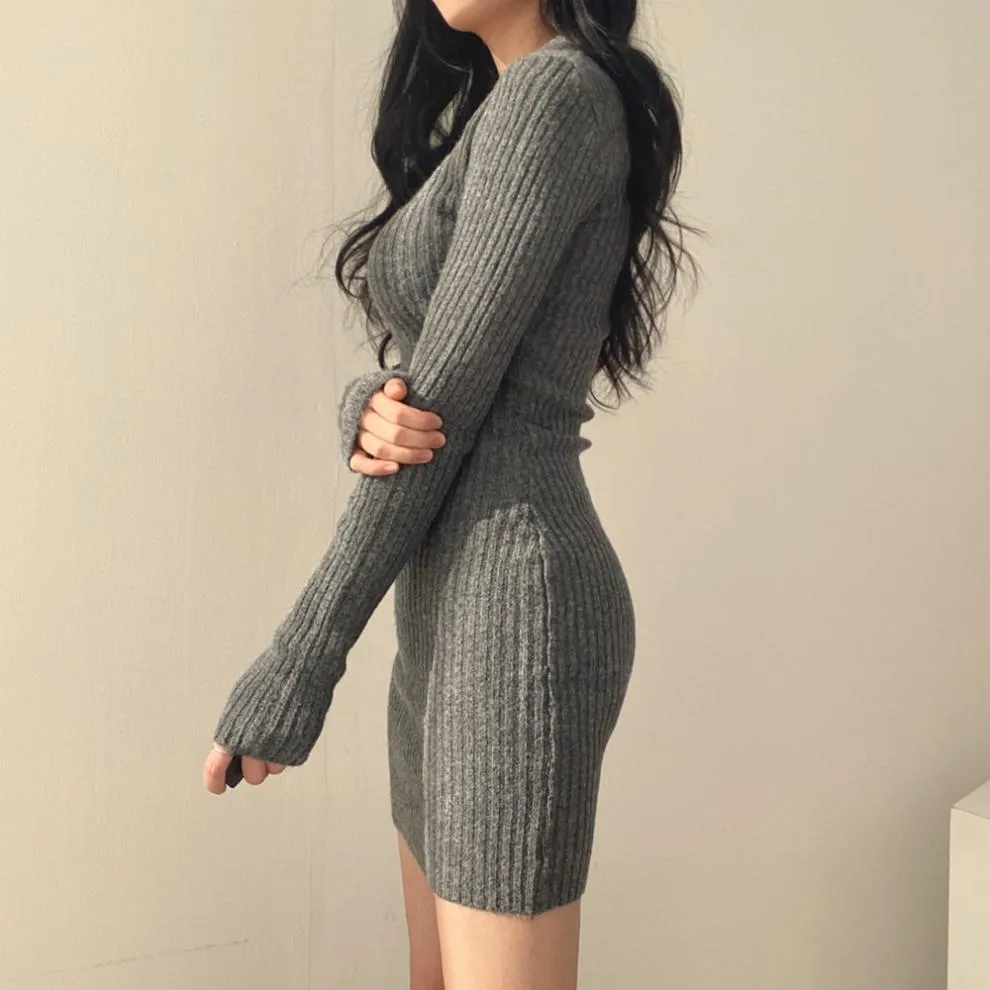 Women Retro Knitted Mini Bodycon Solid Dress