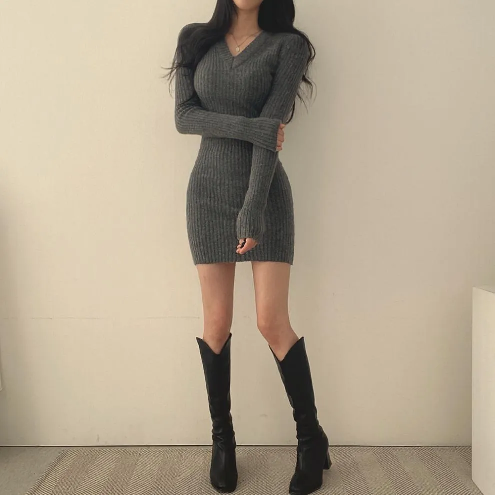 Women Retro Knitted Mini Bodycon Solid Dress