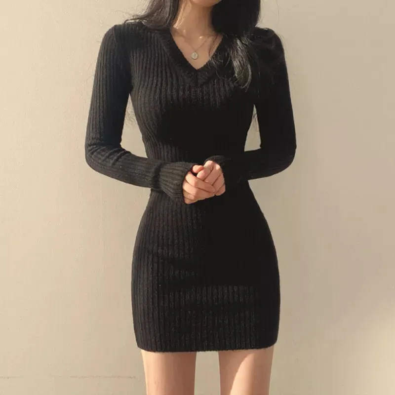 Women Retro Knitted Mini Bodycon Solid Dress