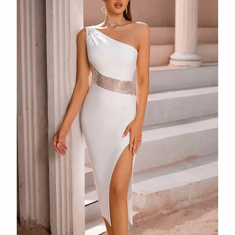 Women White Sheath Dress One Shoulder Knitted Bodycon Party Dress