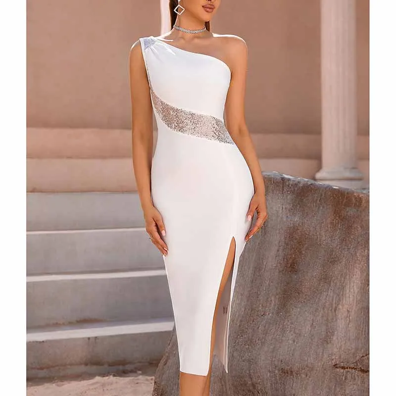 Women White Sheath Dress One Shoulder Knitted Bodycon Party Dress