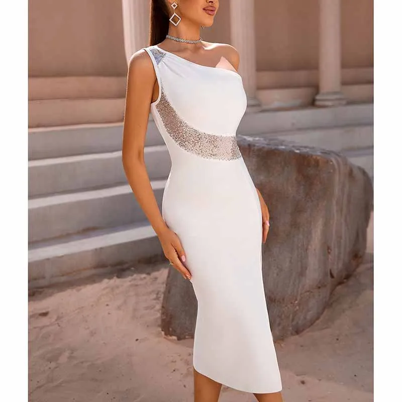 Women White Sheath Dress One Shoulder Knitted Bodycon Party Dress