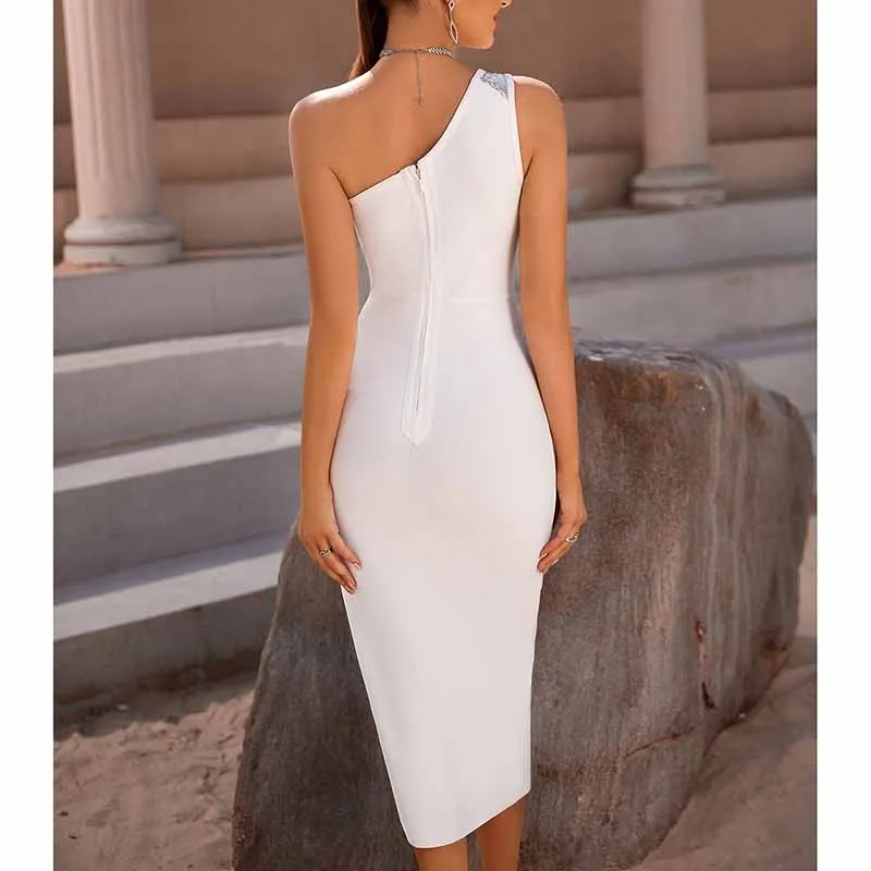 Women White Sheath Dress One Shoulder Knitted Bodycon Party Dress