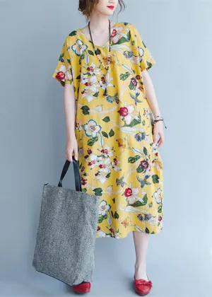 women yellow Midi linen dresses trendy plus size traveling clothing vintage back open floral cotton dresses