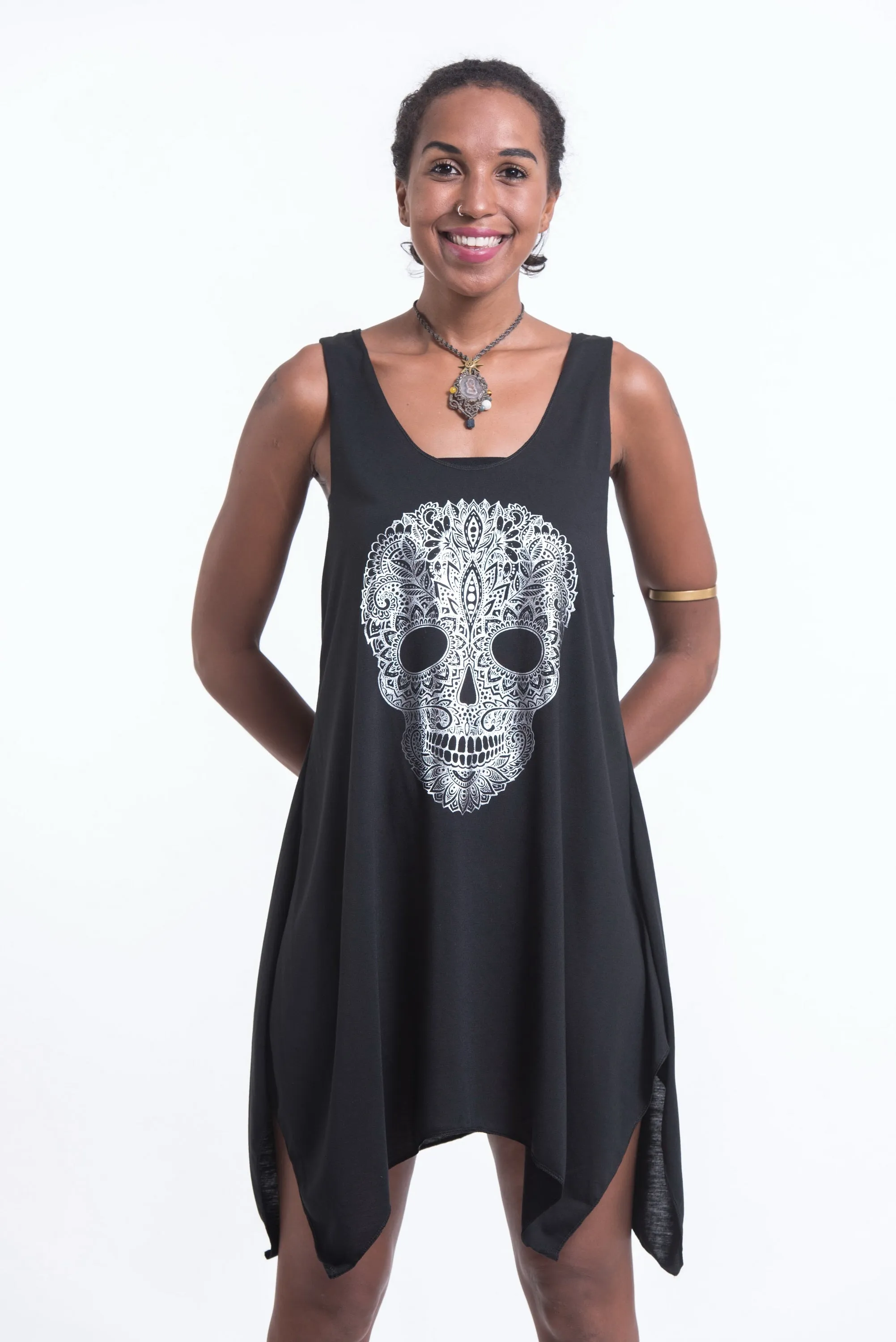 Womens Boho Skull Tank Dress in Silver on Black