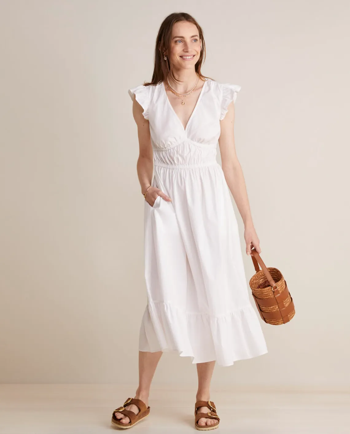 Ws Poplin V-Neck Midi Dress White Cap